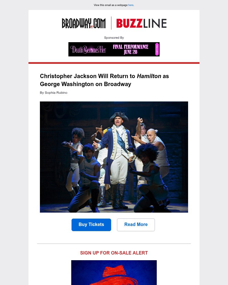 Screenshot of email sent to a Broadway NYC Newsletter subscriber
