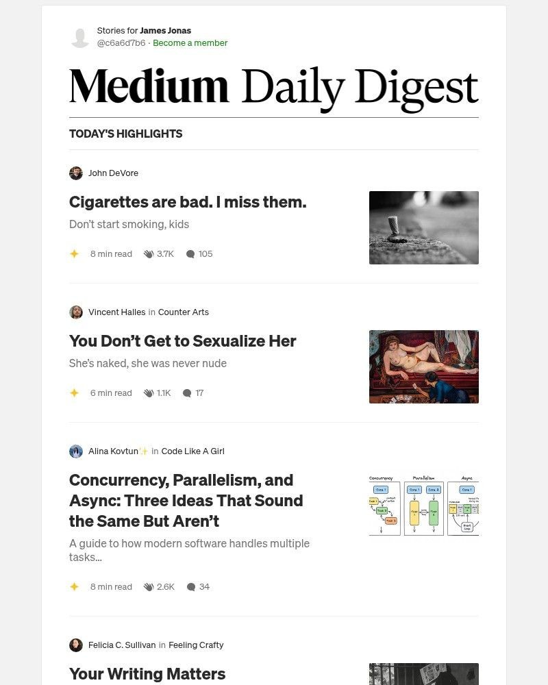 Screenshot of email sent to a Medium Registered user