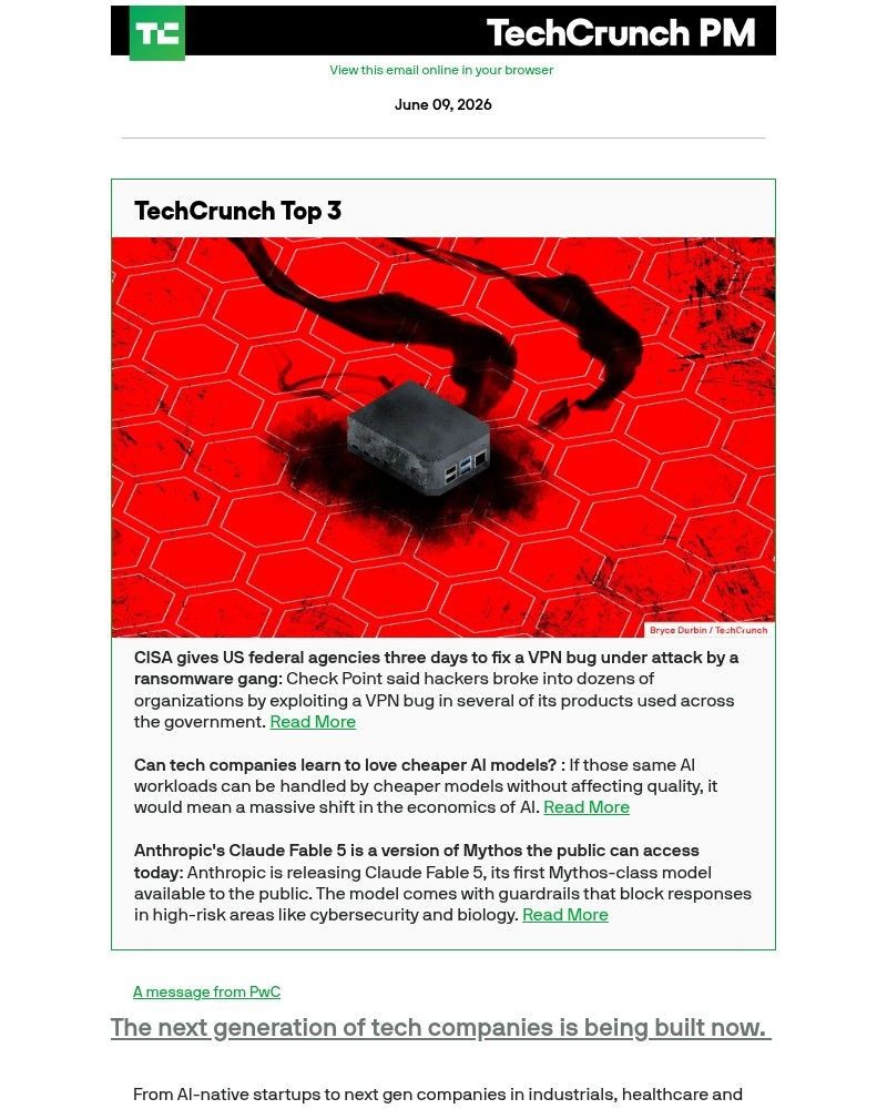 Screenshot of email sent to a Techcrunch Newsletter subscriber