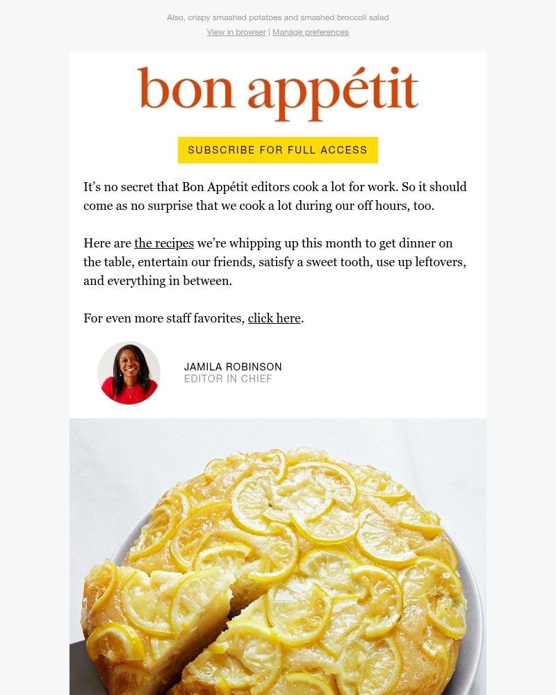 Screenshot of email sent to a Bon Appétit Newsletter subscriber