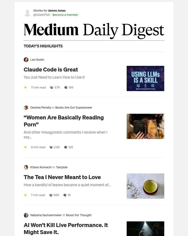 Screenshot of email sent to a Medium Registered user