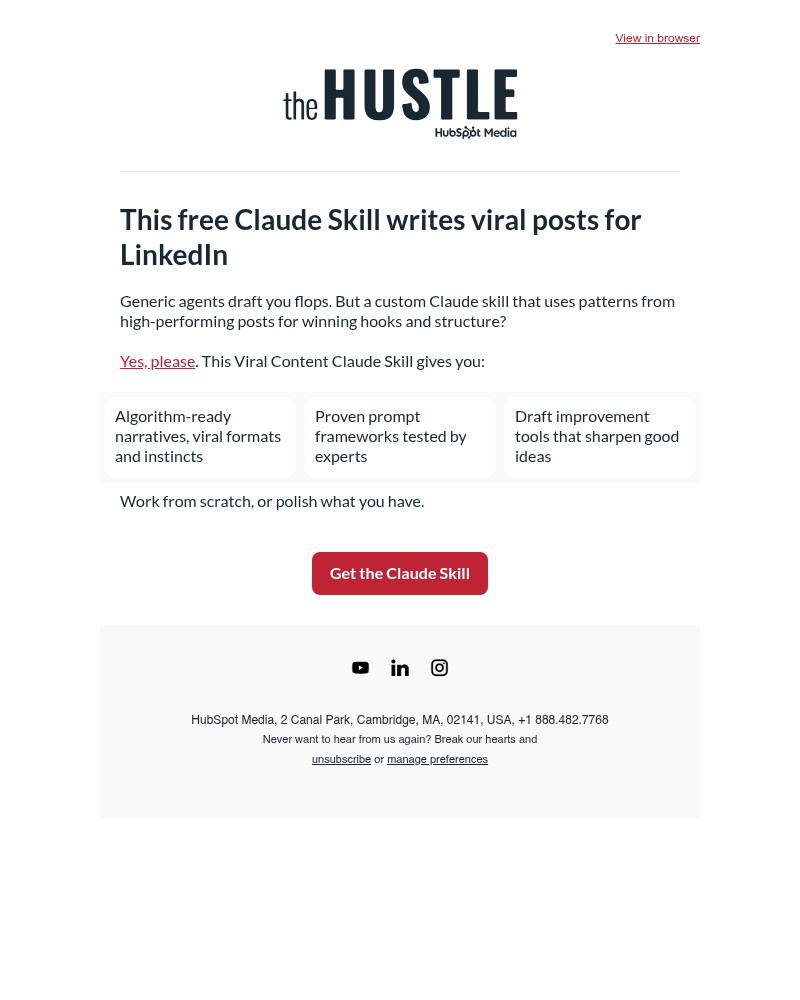 Screenshot of email sent to a The Hustle Newsletter subscriber