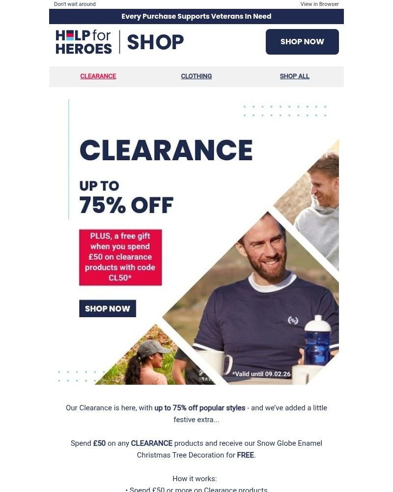 Screenshot of email sent to a Help for Heroes Newsletter subscriber