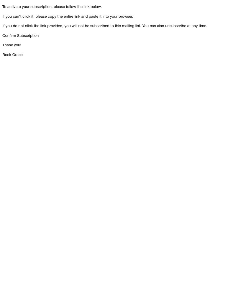Screenshot of email sent to a Rock Grace Newsletter subscriber