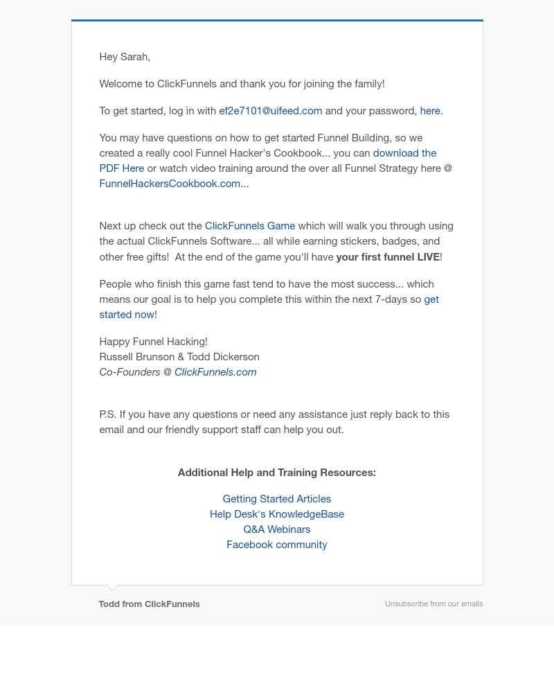 Screenshot of email sent to a ClickFunnels Trial user