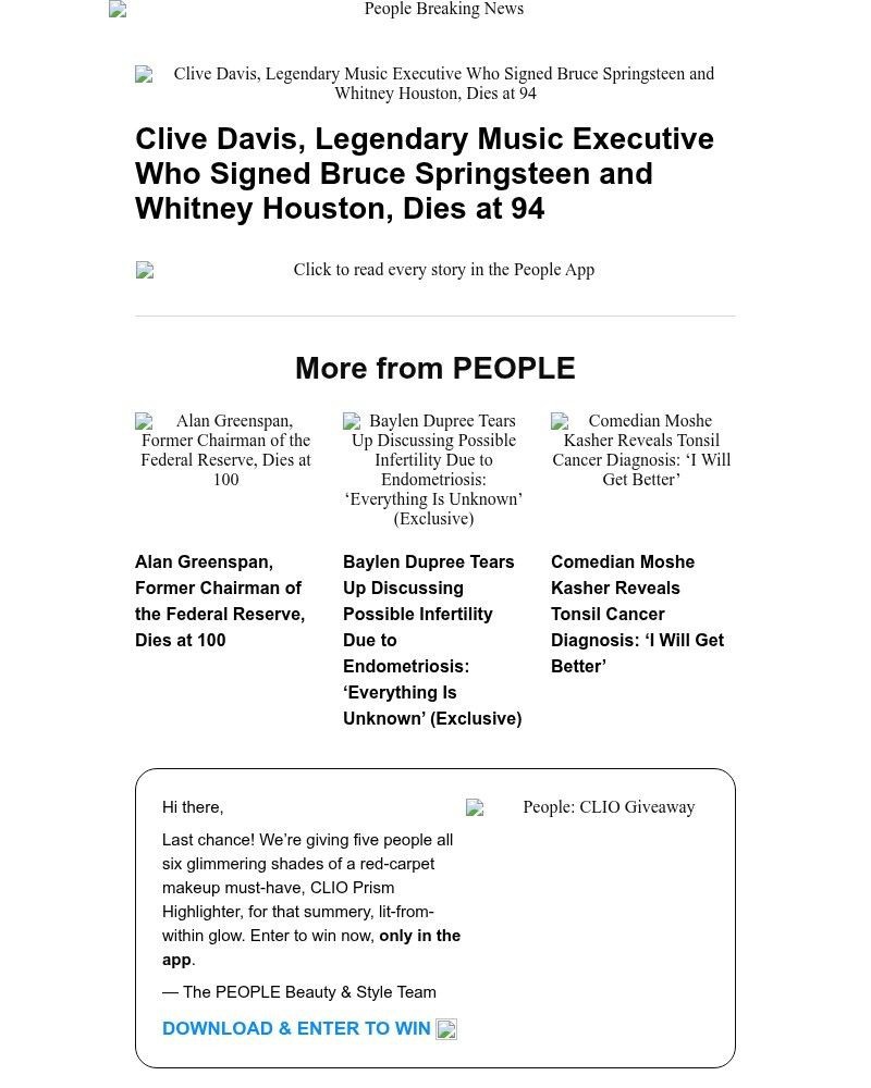 Screenshot of email sent to a People Newsletter subscriber