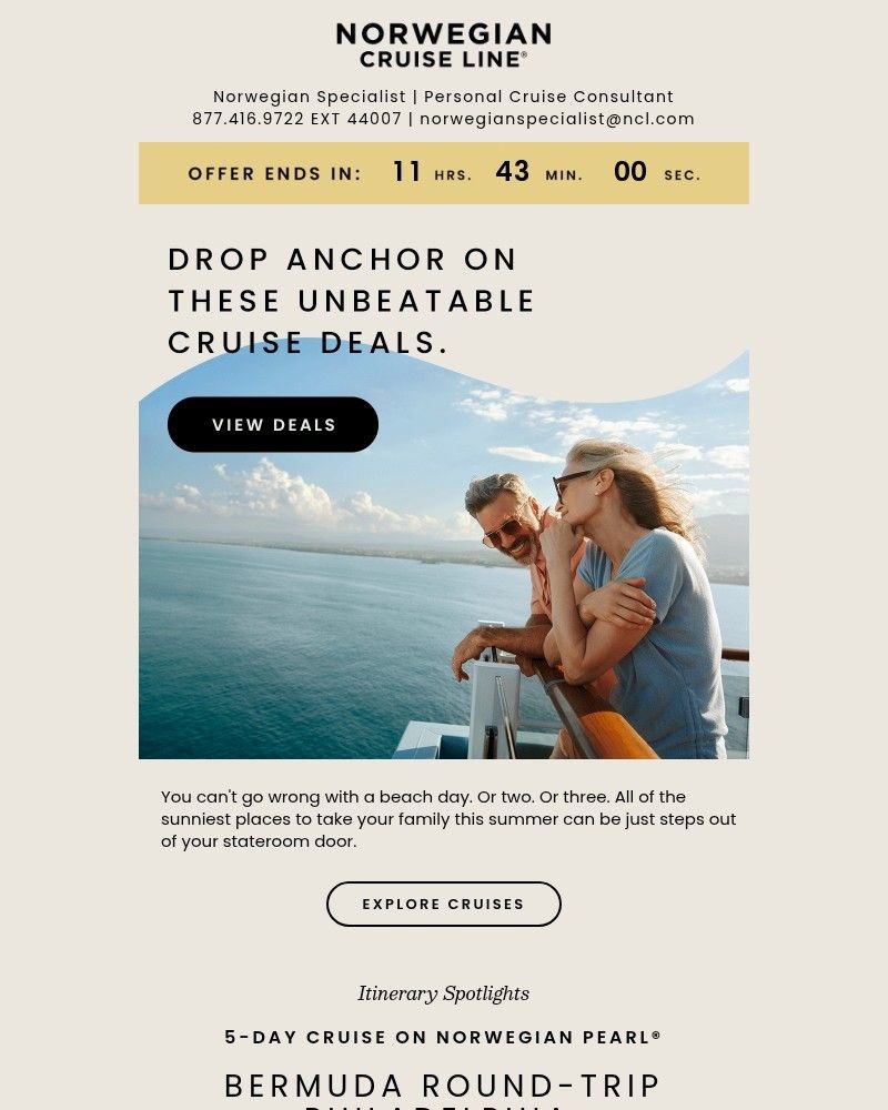 Screenshot of email sent to a Norwegian Cruise Line Newsletter subscriber