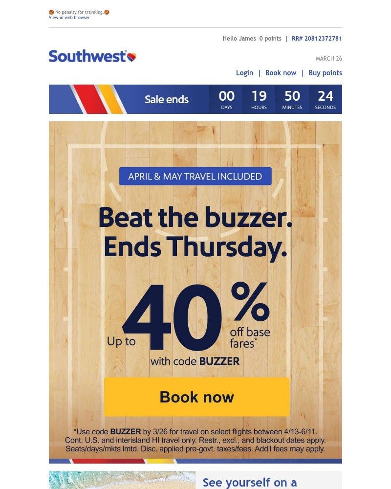 Screenshot of email sent to a Southwest Registered user