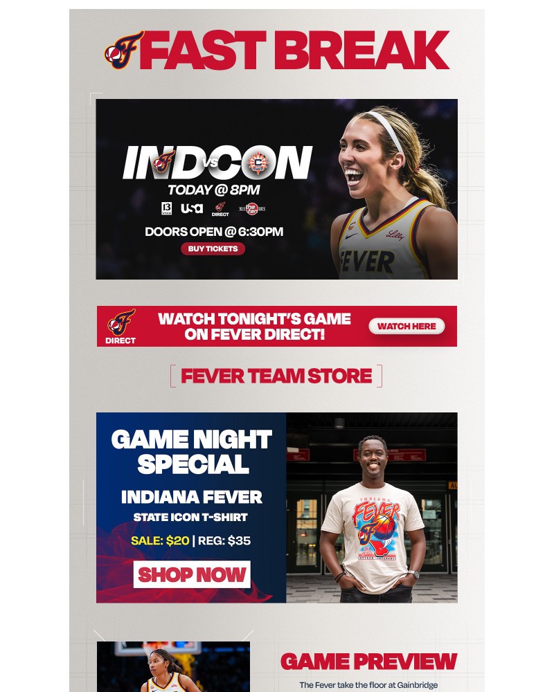 Screenshot of email sent to a Indiana Fever Newsletter subscriber