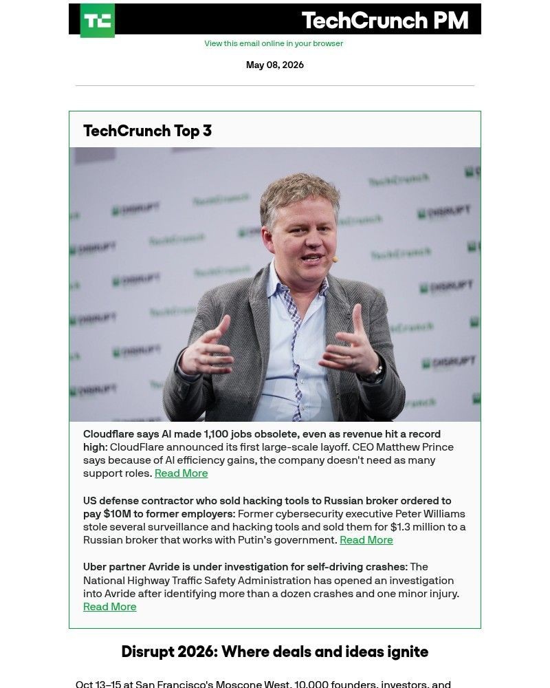 Screenshot of email sent to a Techcrunch Newsletter subscriber