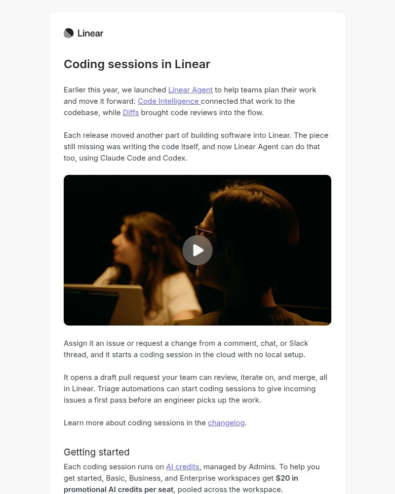 Screenshot of email sent to a Linear Registered user