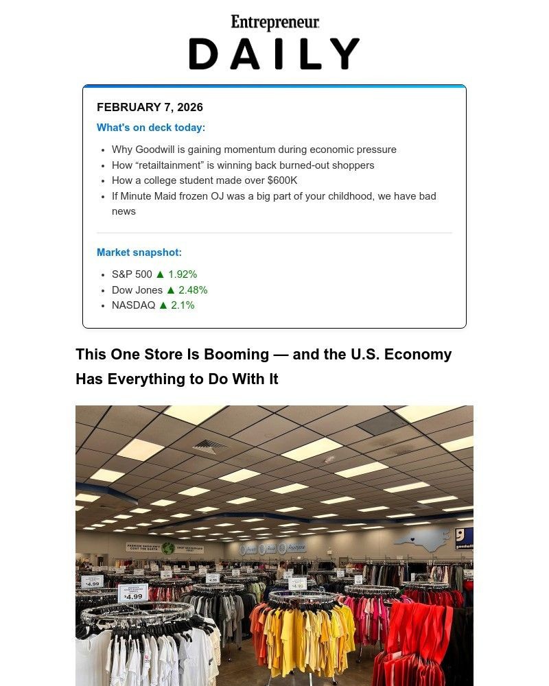 Screenshot of email sent to a Entrepreneur Newsletter subscriber