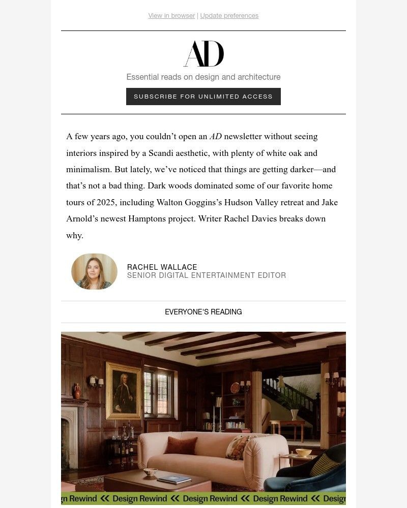 Screenshot of email sent to a Architectural Digest Newsletter subscriber