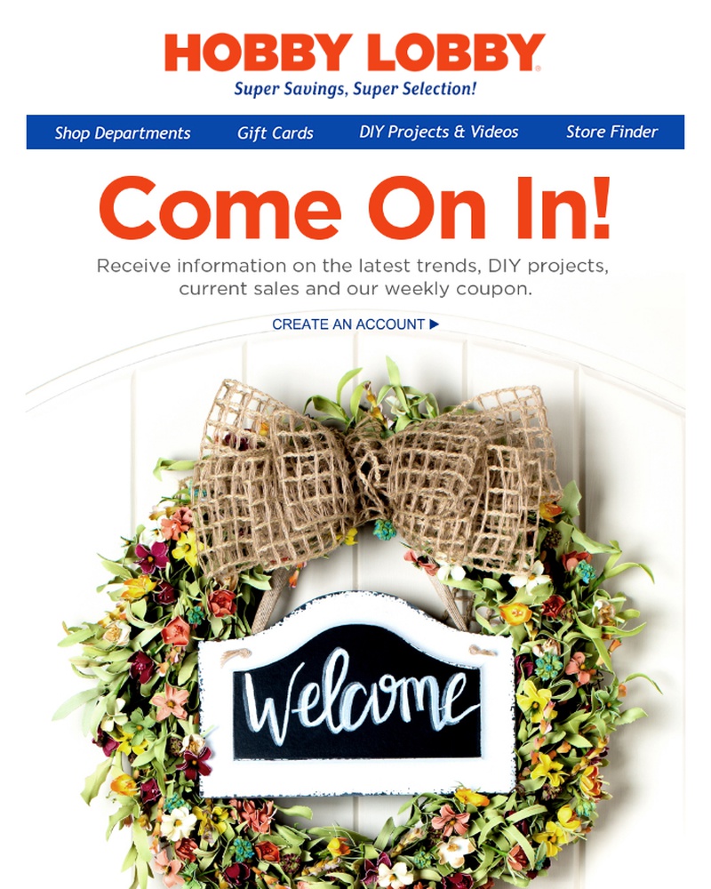 Screenshot of email sent to a Hobby Lobby Newsletter subscriber