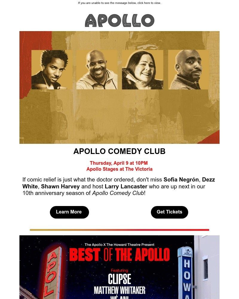 Screenshot of email sent to a Apollo Theater Newsletter subscriber