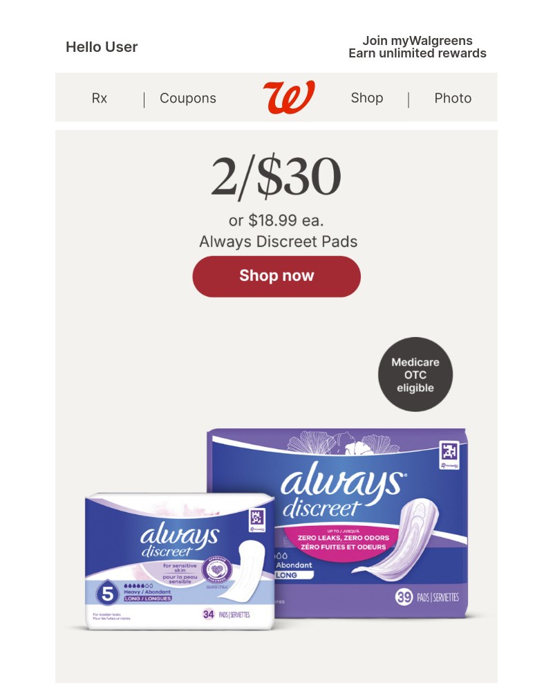 Screenshot of email sent to a Walgreens Registered user