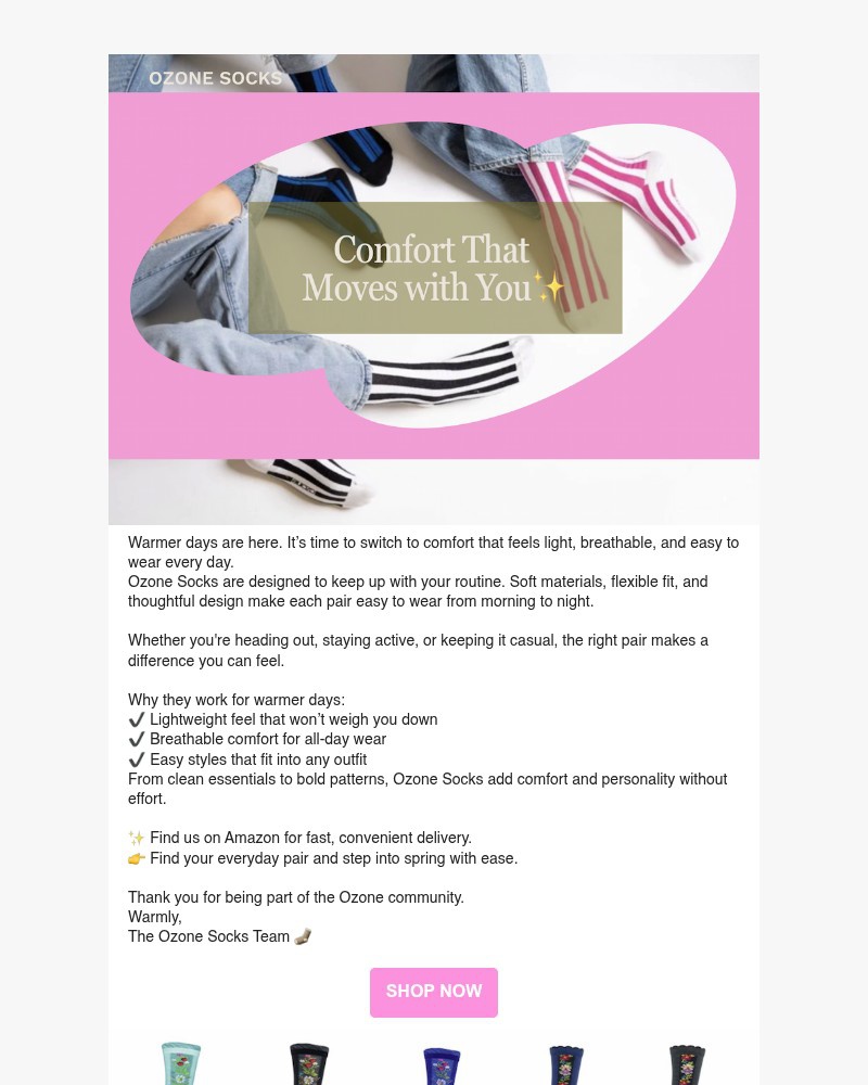 Screenshot of email sent to a Ozone Socks Newsletter subscriber