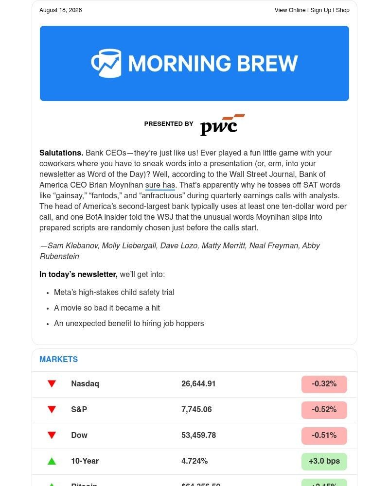 Screenshot of email sent to a Morning Brew Newsletter subscriber