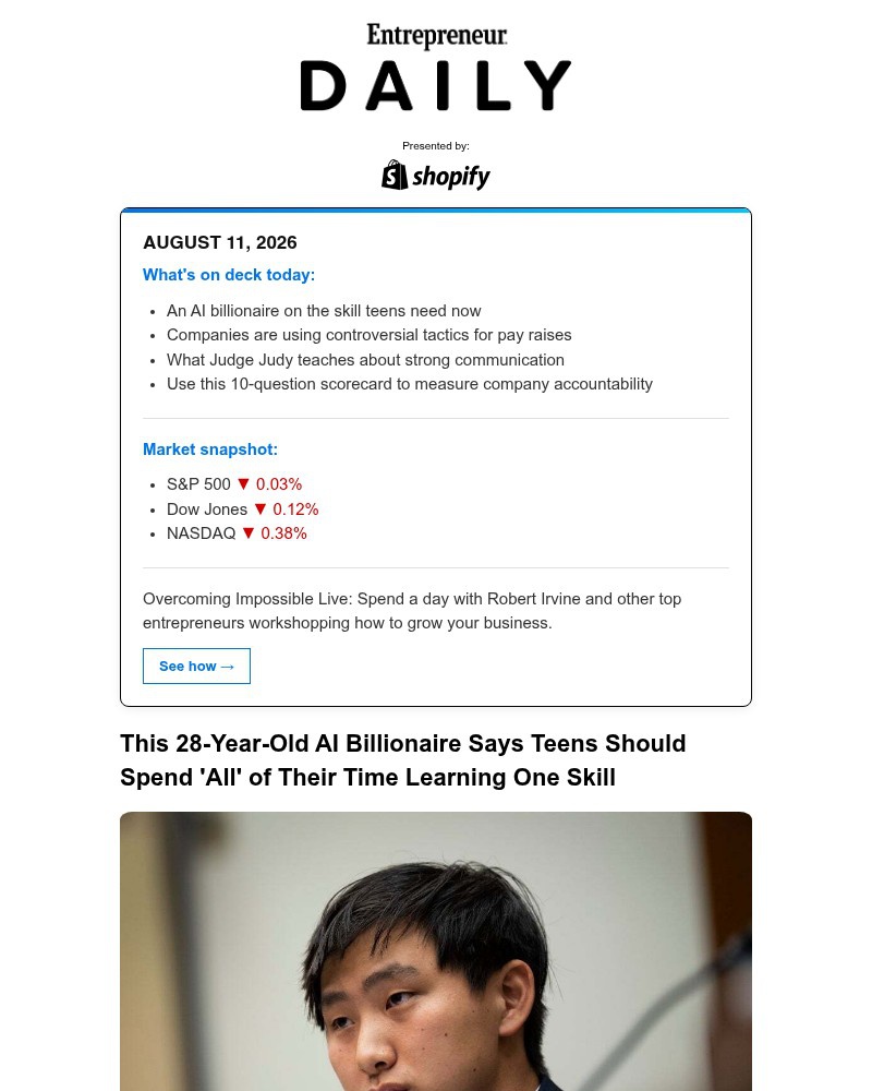 Screenshot of email sent to a Entrepreneur Newsletter subscriber