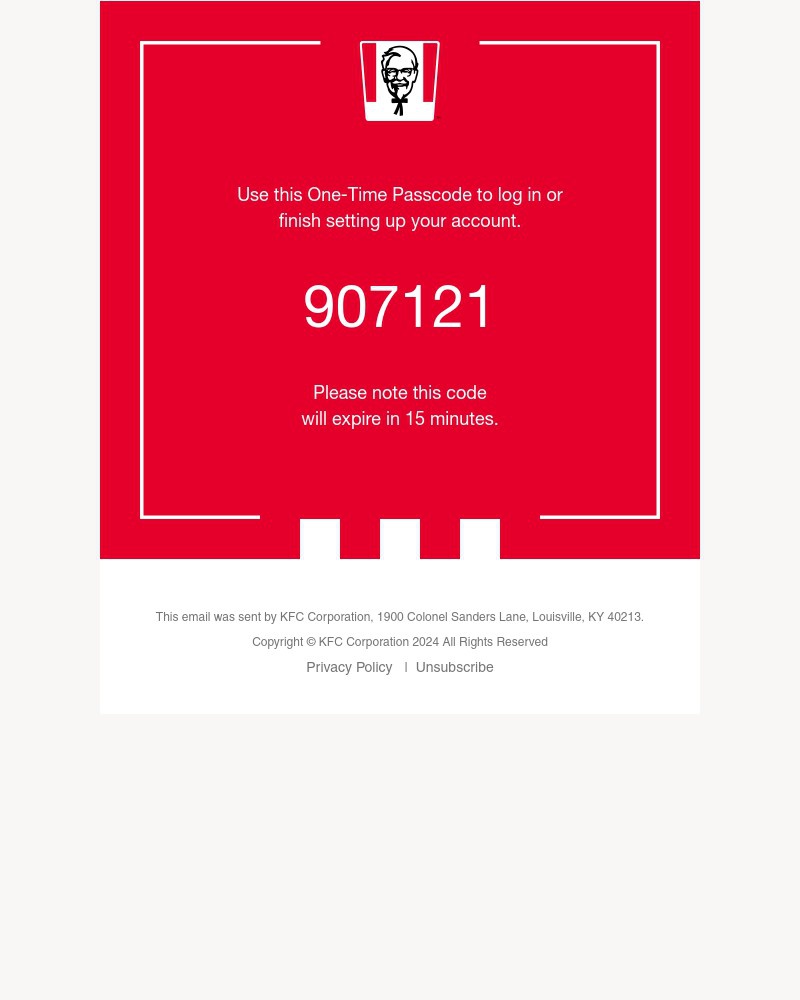 Screenshot of email sent to a Kentucky Fried Chicken Registered user