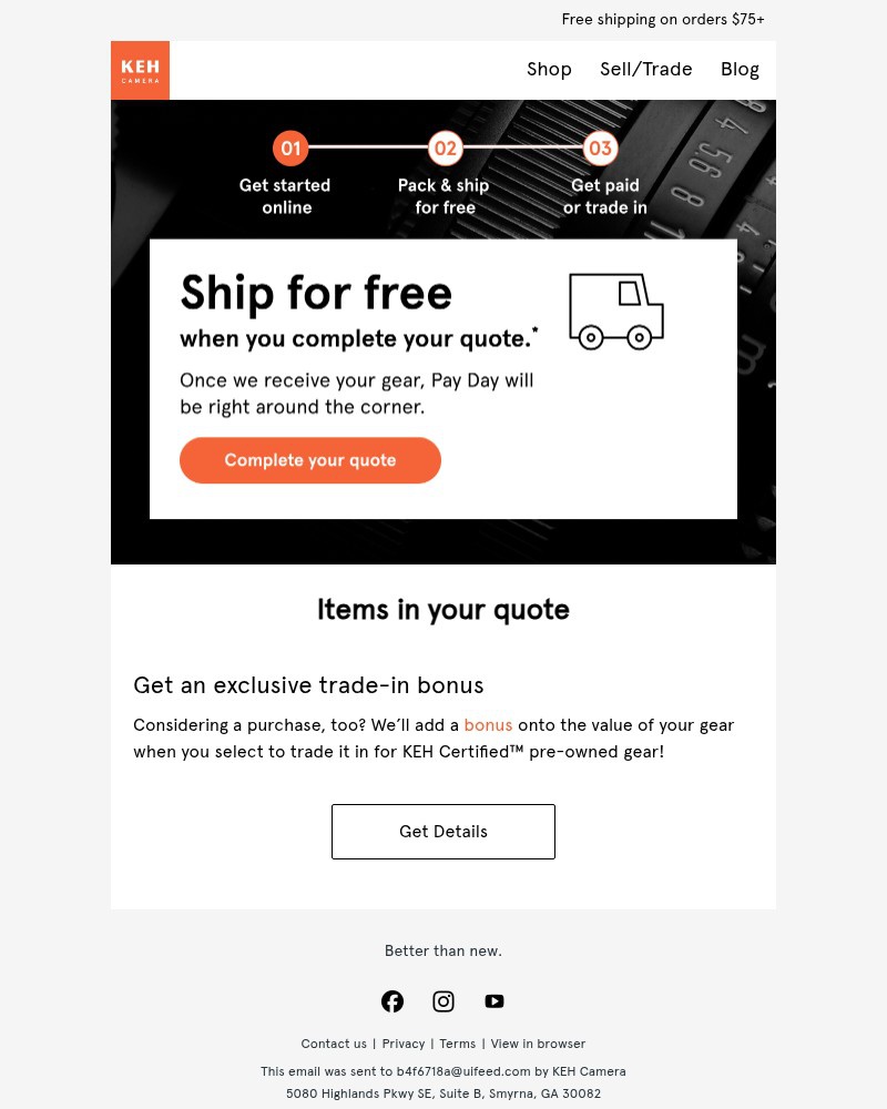 Screenshot of email sent to a KEH Camera Newsletter subscriber