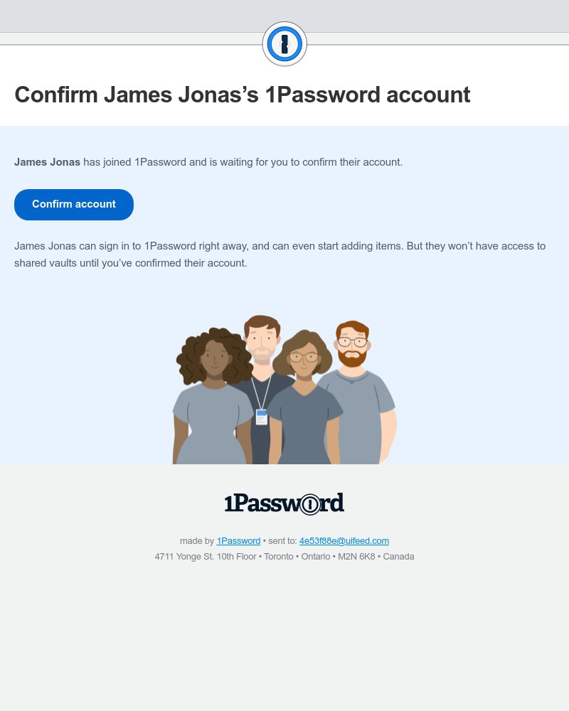 Screenshot of email sent to a 1Password Registered user