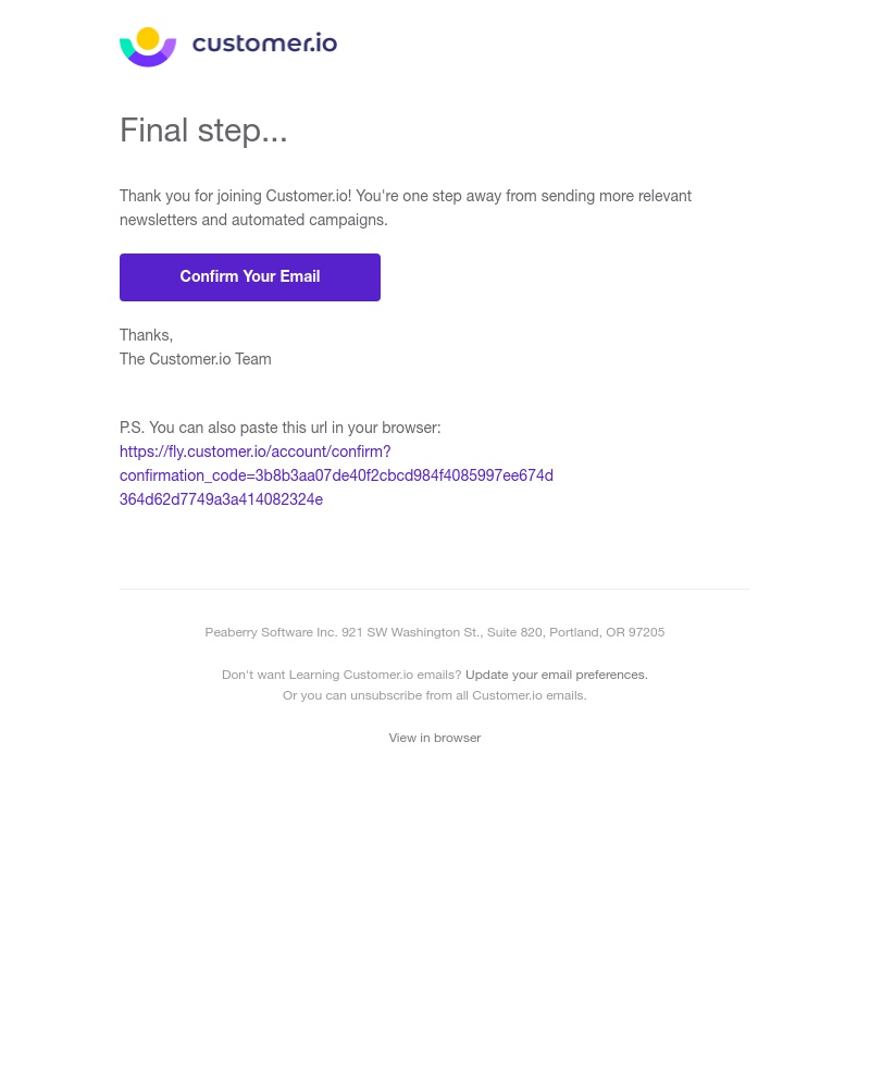 Screenshot of email sent to a Customer.io Trial user
