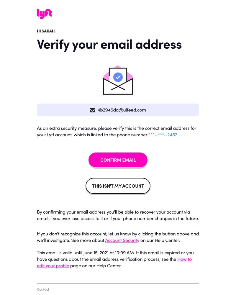 Screenshot of email sent to a Lyft Registered user