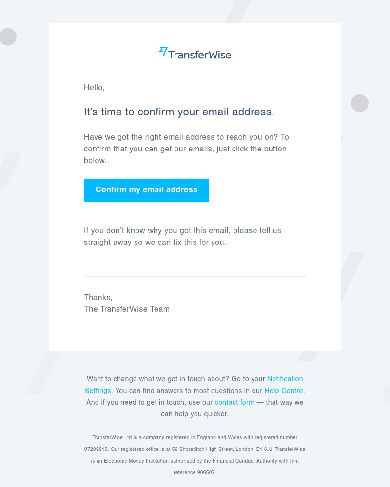 Screenshot of email sent to a TransferWise Registered user