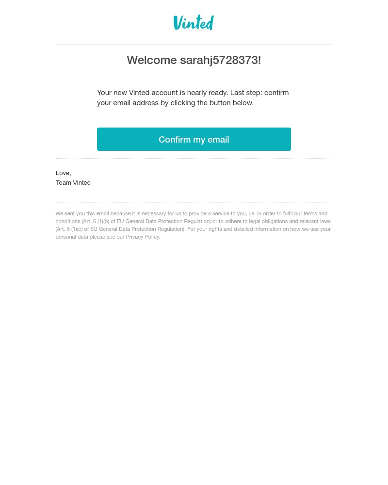 Screenshot of email sent to a Vinted Registered user