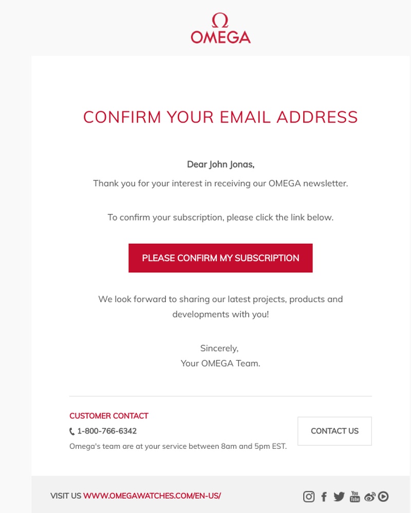 Screenshot of email sent to a Omega Newsletter subscriber