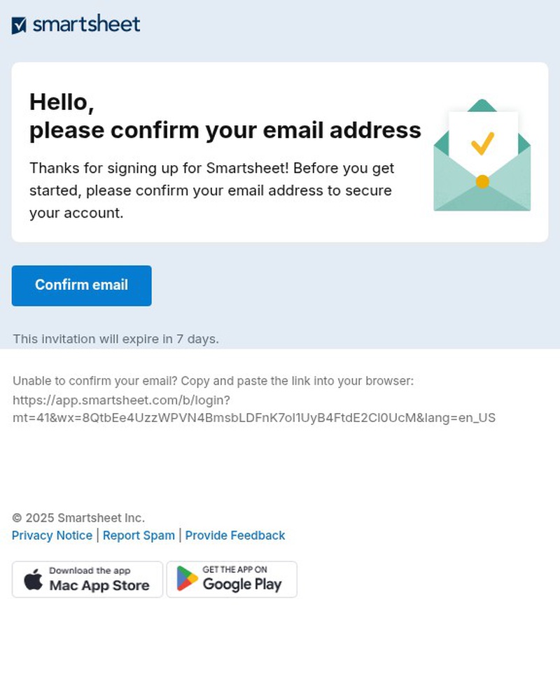 Screenshot of email sent to a Smartsheet Trial user