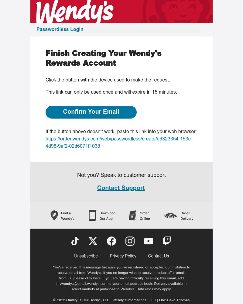 Screenshot of email sent to a Wendy’s Registered user
