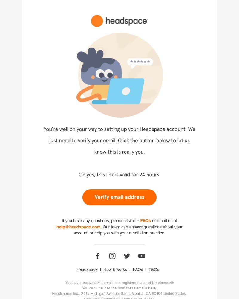 Screenshot of email sent to a Headspace Registered user