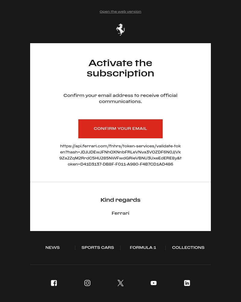 Screenshot of email sent to a Ferrari Newsletter subscriber