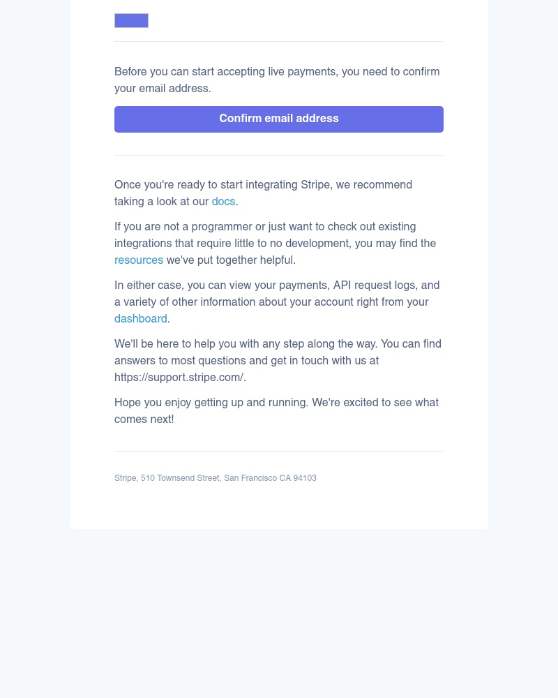 Screenshot of email sent to a Stripe Registered user