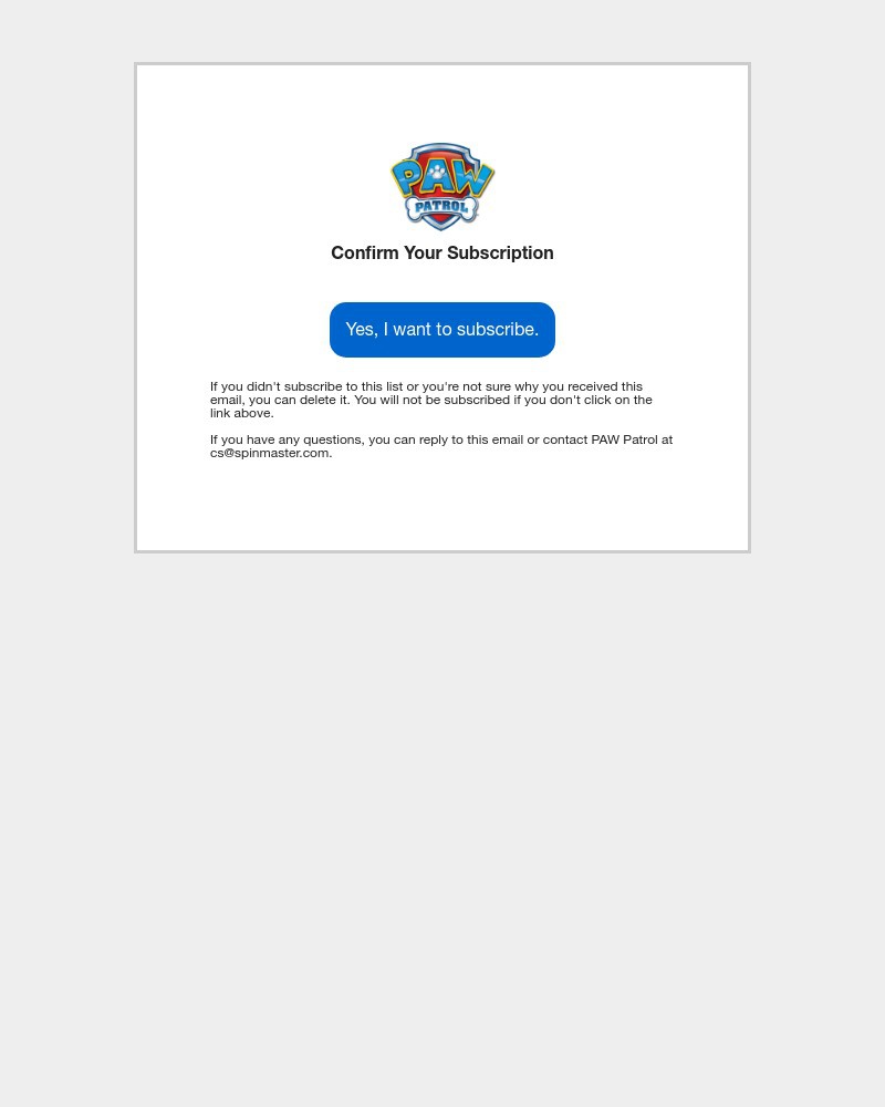 Screenshot of email sent to a Paw Patrol Newsletter subscriber
