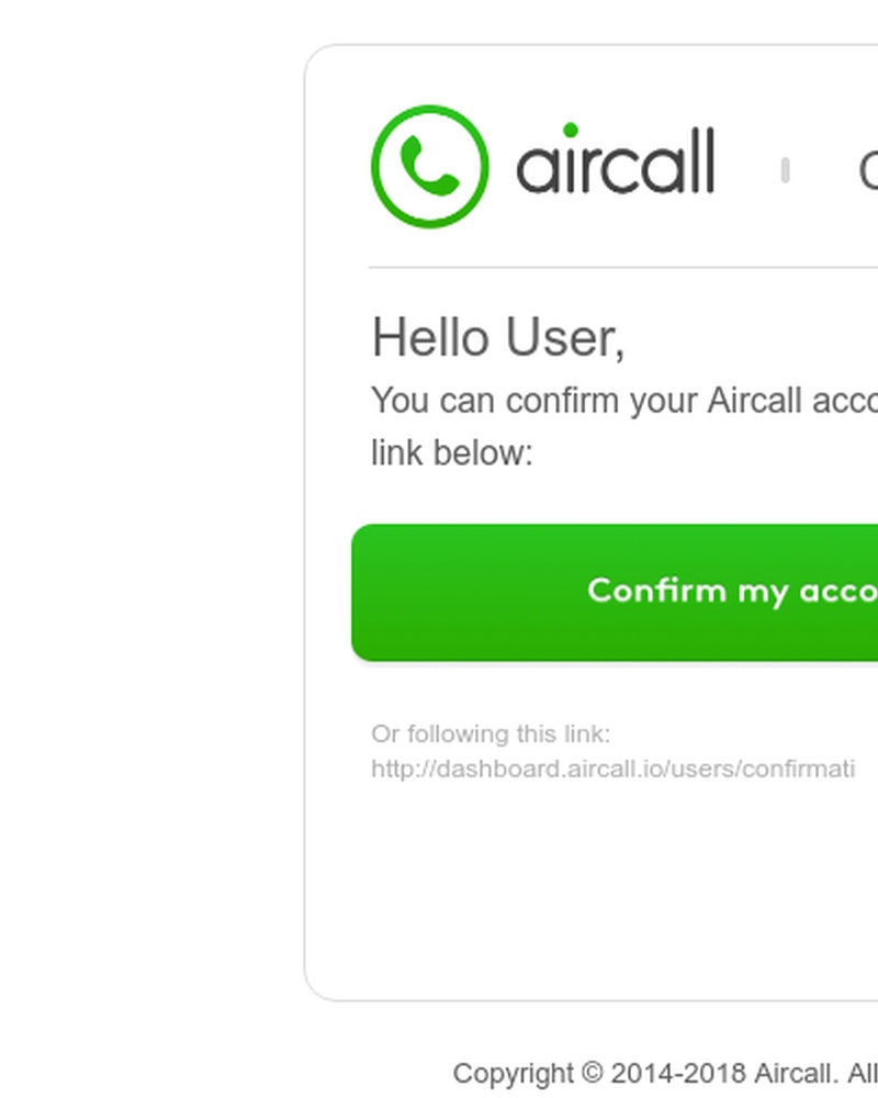 Screenshot of email sent to a Aircall Registered user