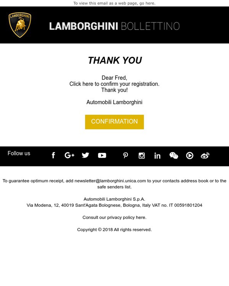 Screenshot of email sent to a Lamborgini Newsletter subscriber