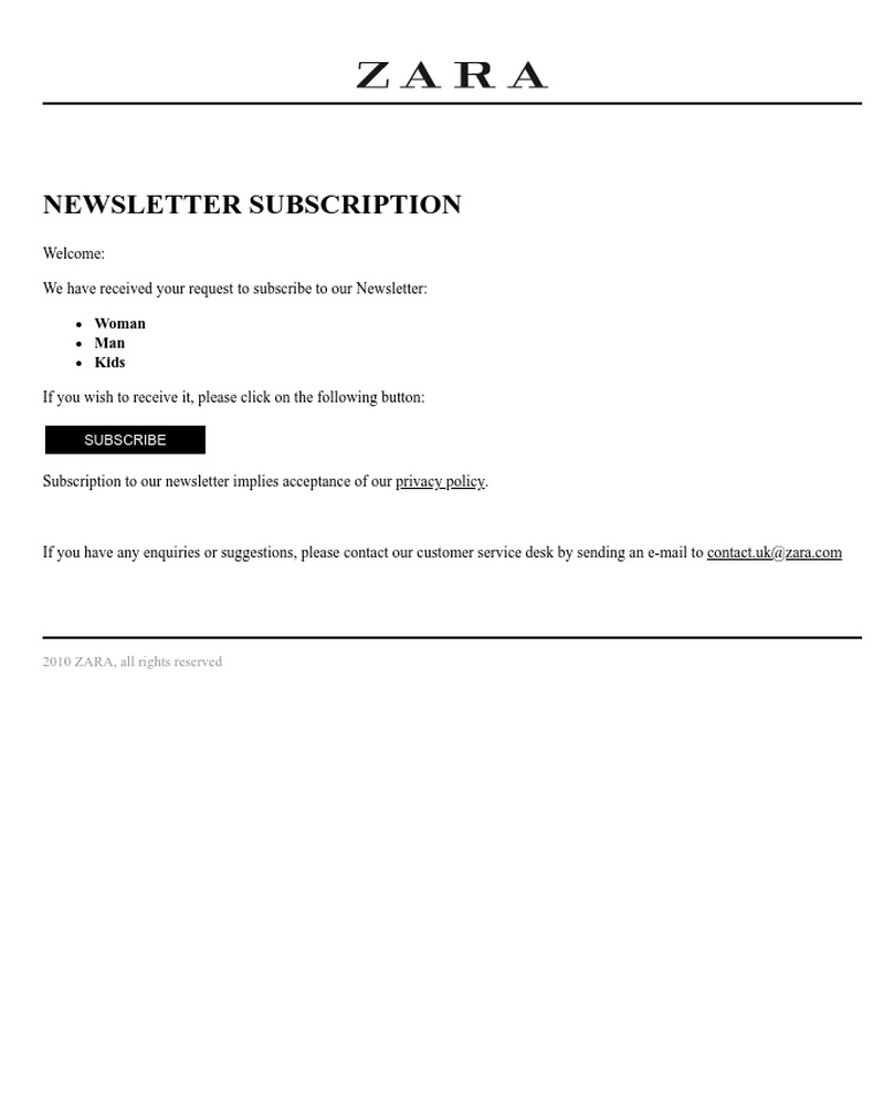 Screenshot of email sent to a Zara Newsletter subscriber