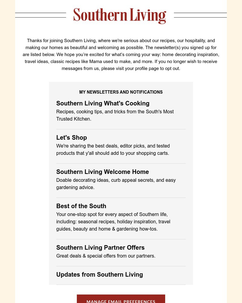 Screenshot of email sent to a Southern Living Newsletter subscriber