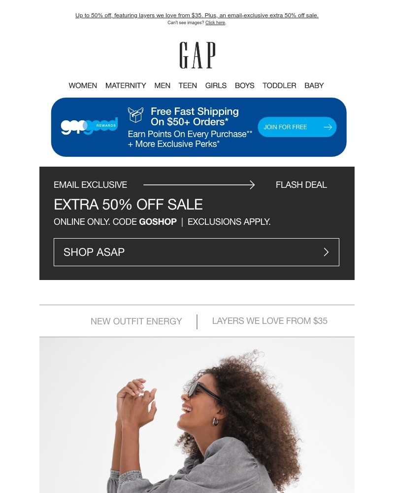Screenshot of email with subject /media/emails/congrats-up-to-half-off-extra-50-off-sale-for-subscribers-c1b315-cropped-56074cda.jpg