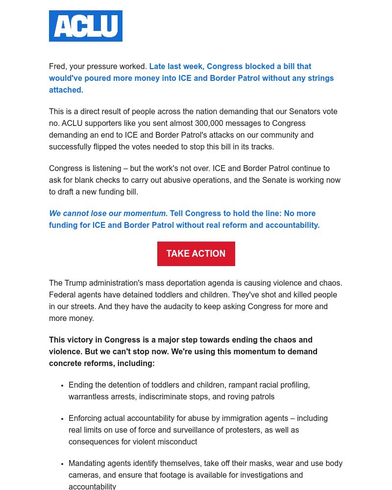 Screenshot of email sent to a American Civil Liberties Union Newsletter subscriber