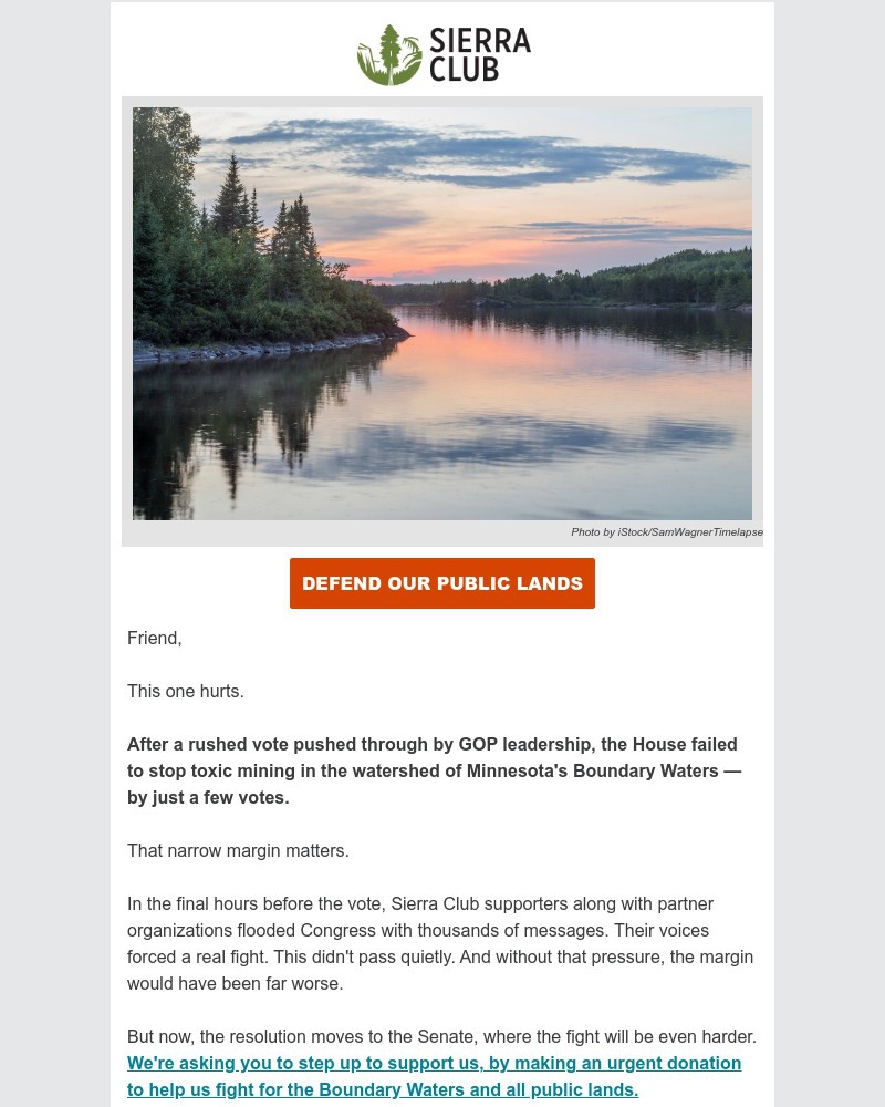 Screenshot of email sent to a Sierra Club Newsletter subscriber