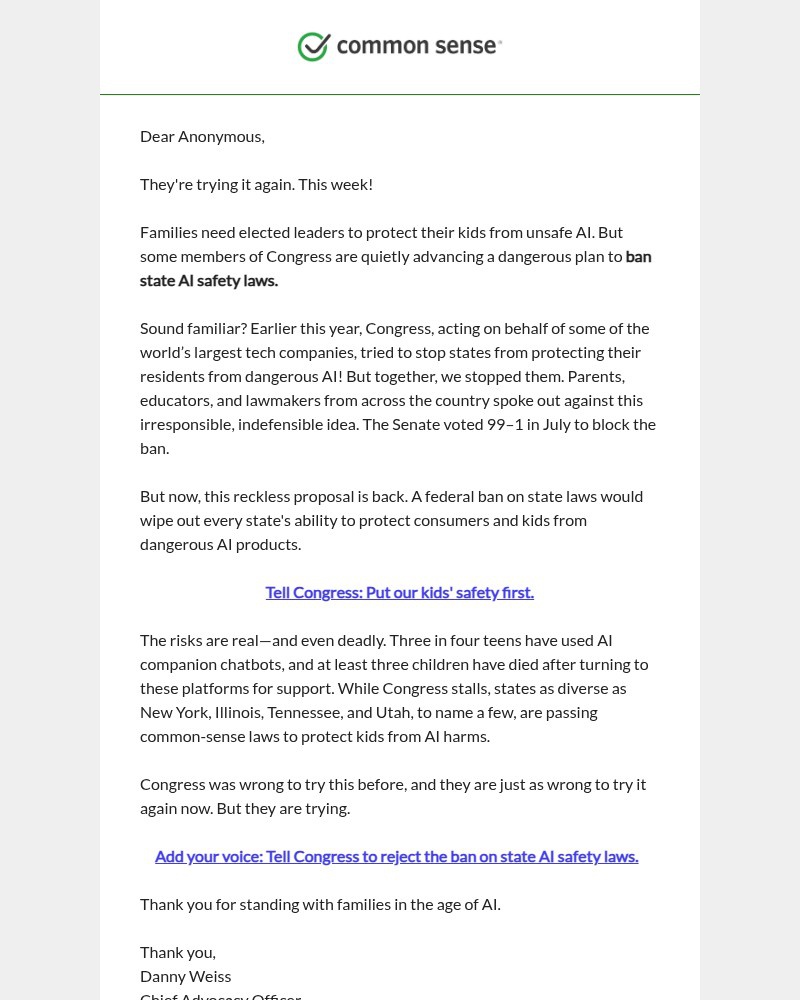 Screenshot of email sent to a Common Sense Newsletter subscriber
