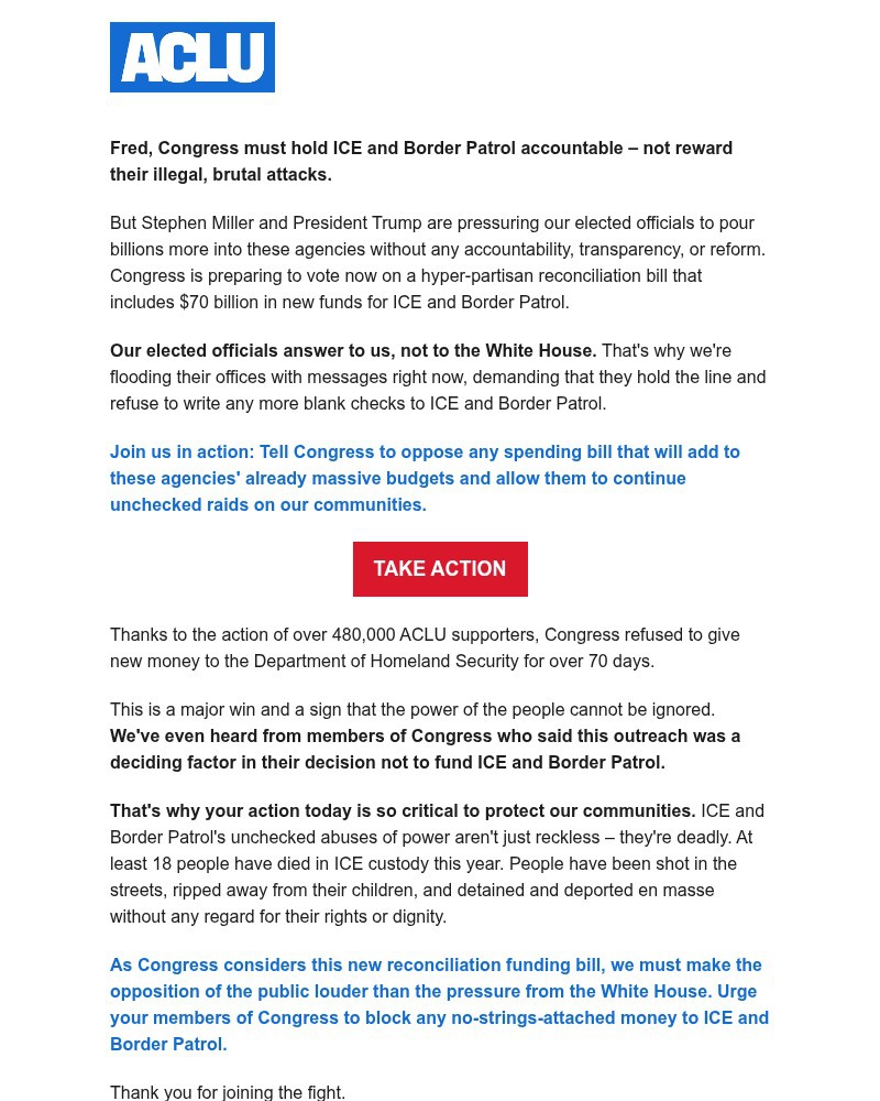Screenshot of email sent to a American Civil Liberties Union Newsletter subscriber