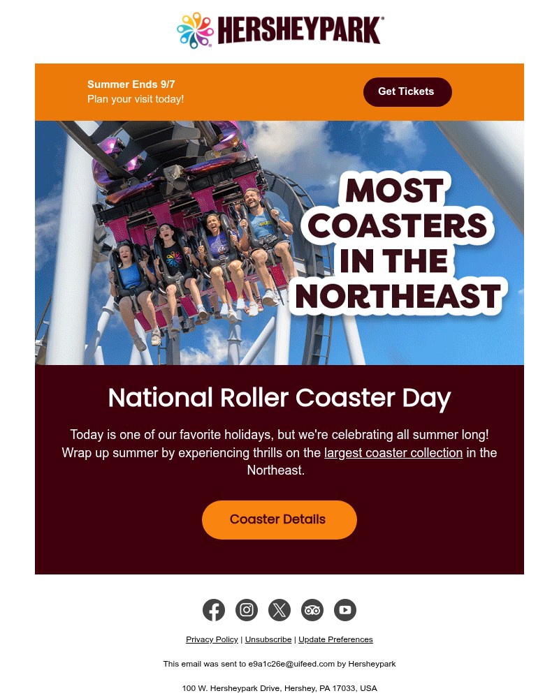 Screenshot of email sent to a Hershey Park Newsletter subscriber