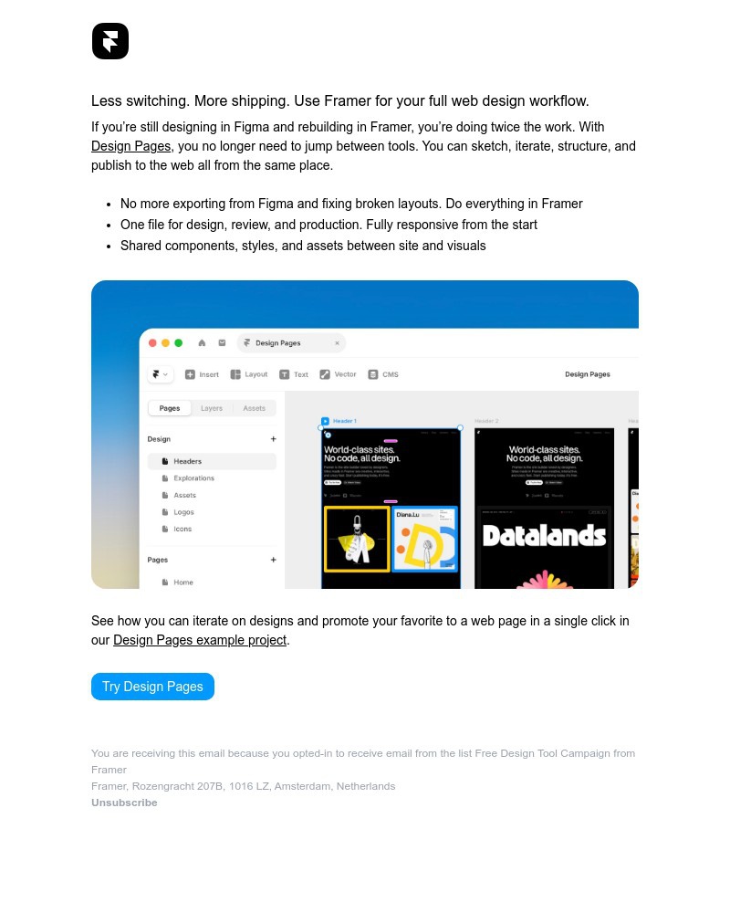 Screenshot of email sent to a Framer Registered user