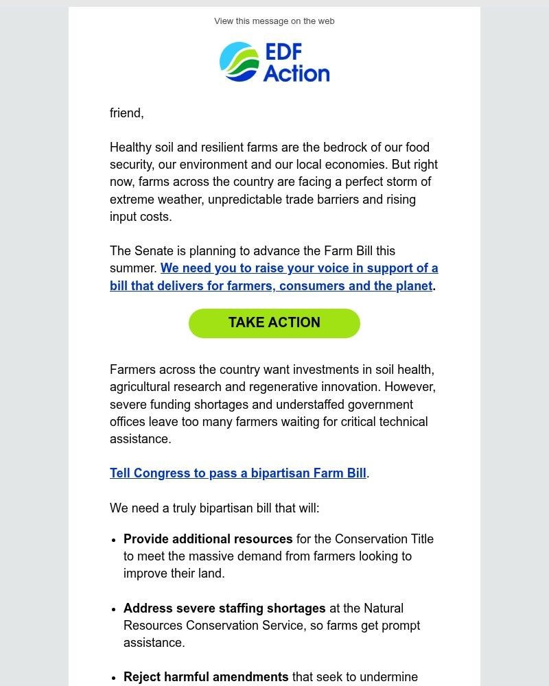 Screenshot of email sent to a Environmental Defense Fund Newsletter subscriber