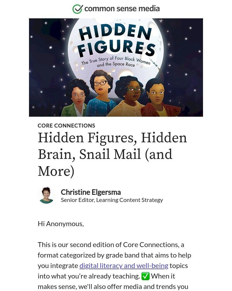 Screenshot of email sent to a Common Sense Newsletter subscriber